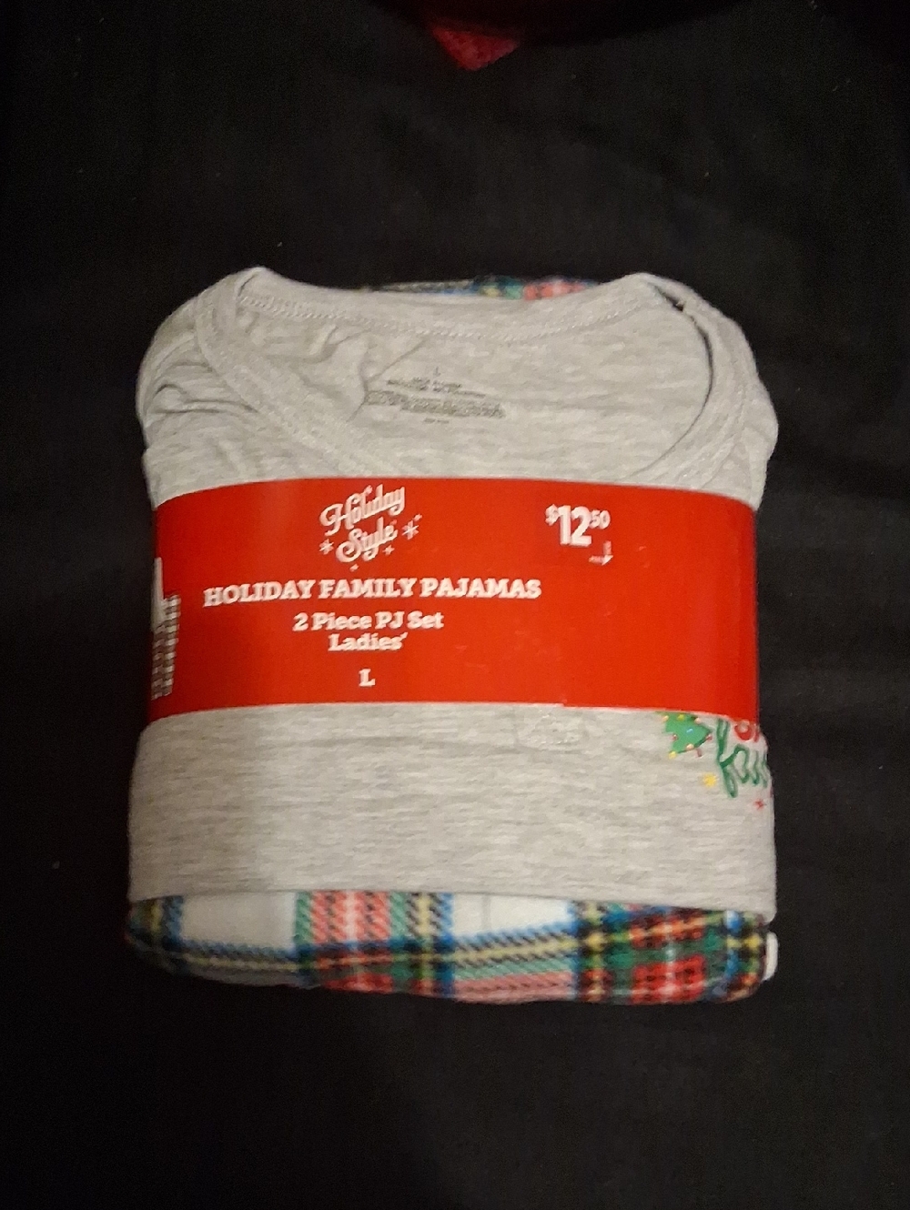 Holiday Family Ladies 2-Piece Pajama Set - Gray Top & Plaid Bottoms